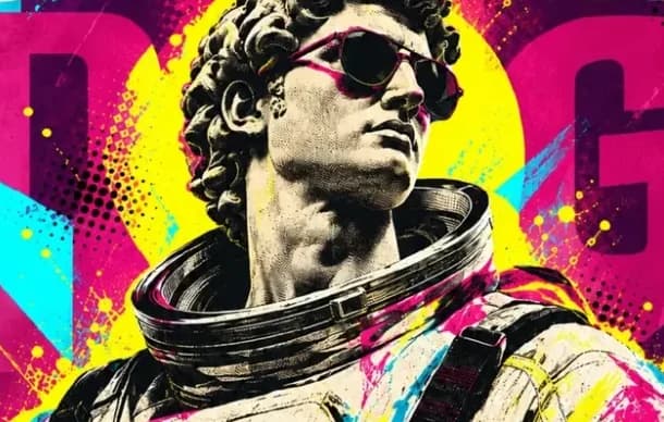 Collage pop art de la campaña: una estatua clásica con lentes de sol y traje de astronauta, entre manchas de pintura magenta, amarilla y cian